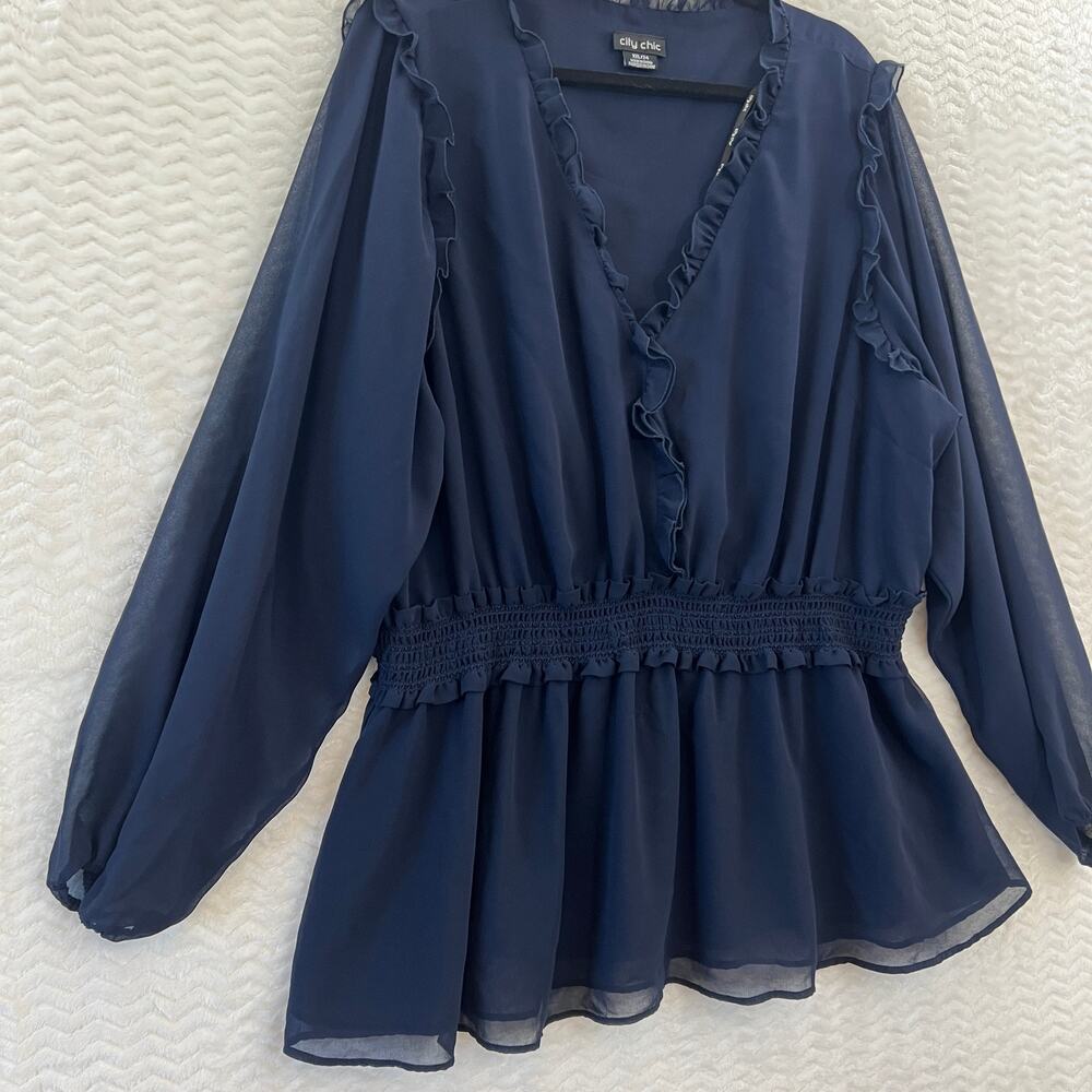 City Chic Blue Peplum Flowy Sheer Long Sleeve V Neck Blouse Top Womens Sz XXL 24 - Picture 4 of 11